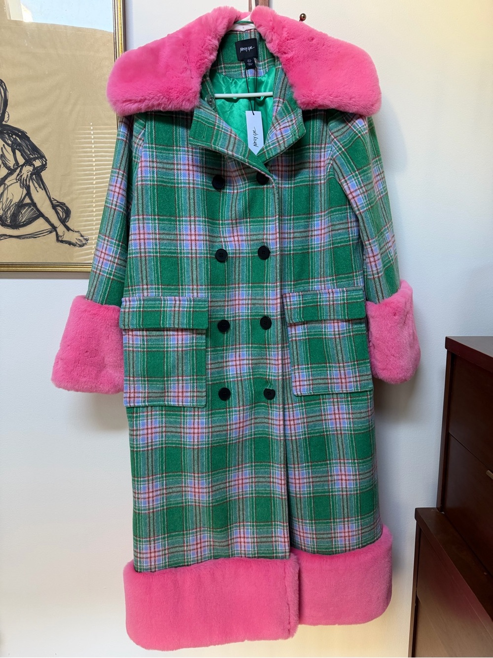Nasty Gal Green Plaid Pea Coat with Pink Faux-Fur Trim